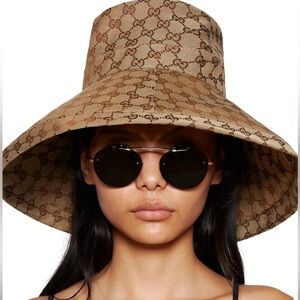 Gucci GG Beige Canvas Denim Wide Large Brim Monogram Jacquard Beach Bucket Hat